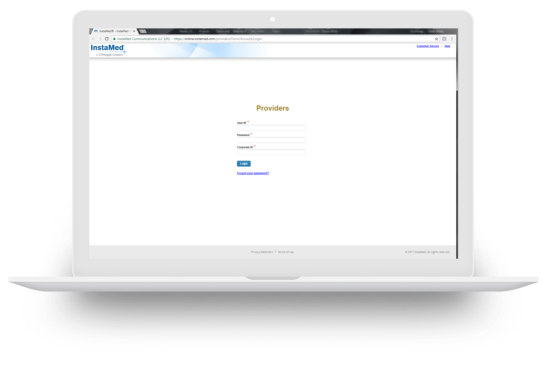 Laptop displaying InstaMed Online login screen
