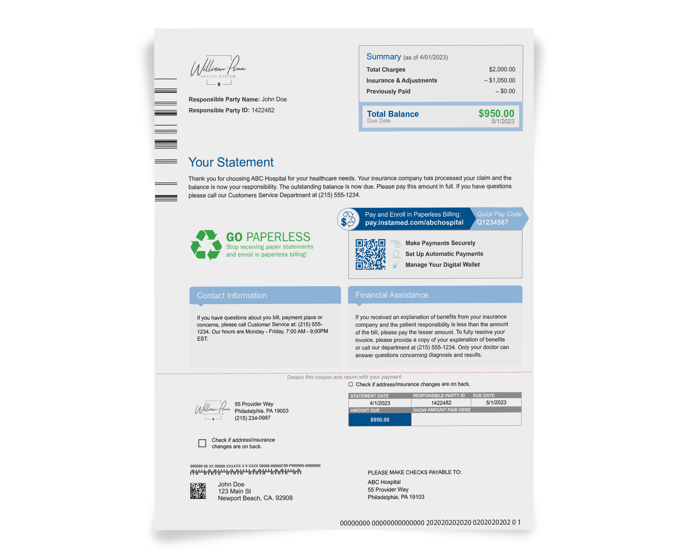 Example of a personalized, easy-to-ready patient bill from a healthcare provider.